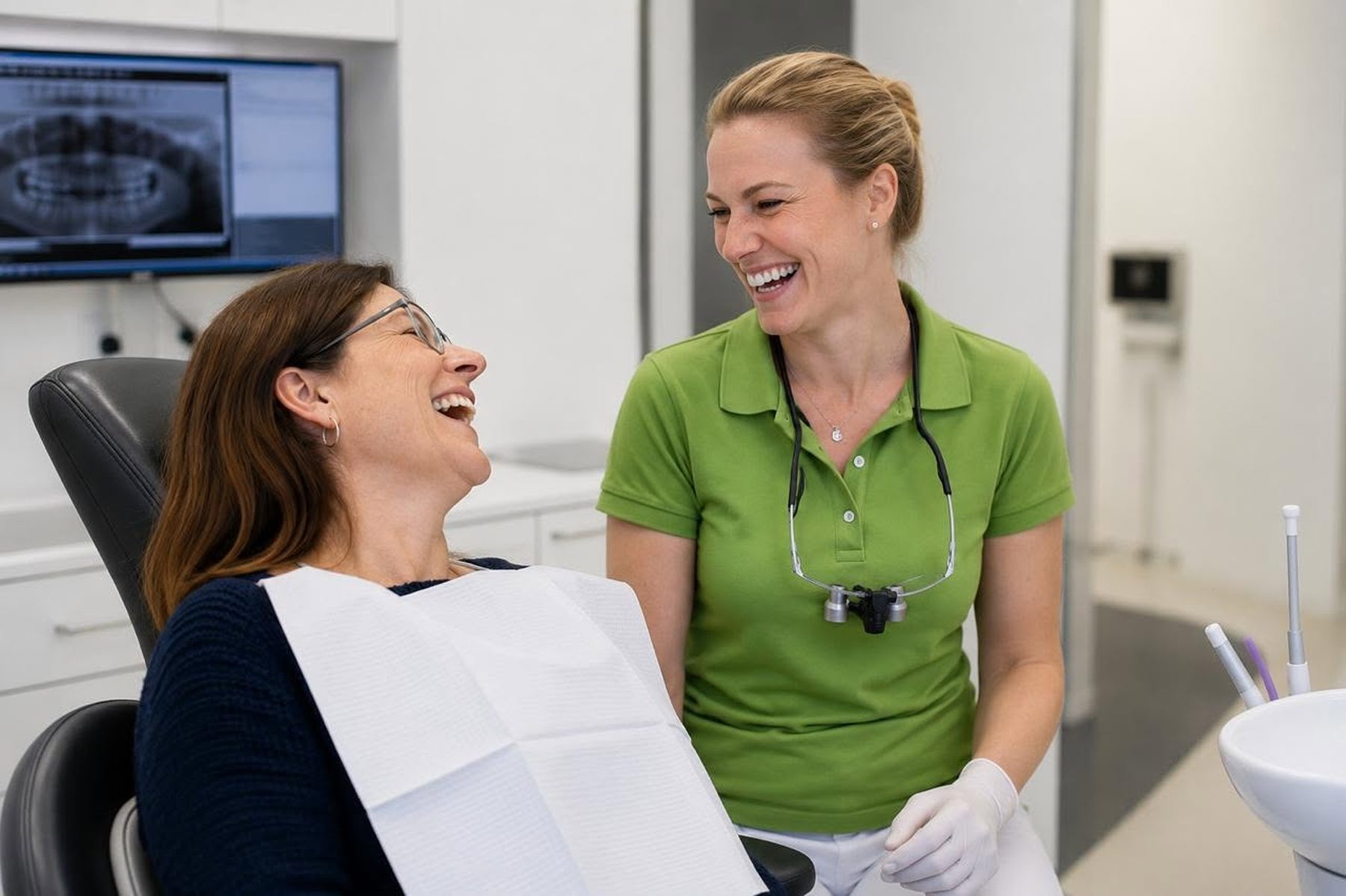 Mitarbeiterin und Patientin lachen gemeinsam während einer Behandlung